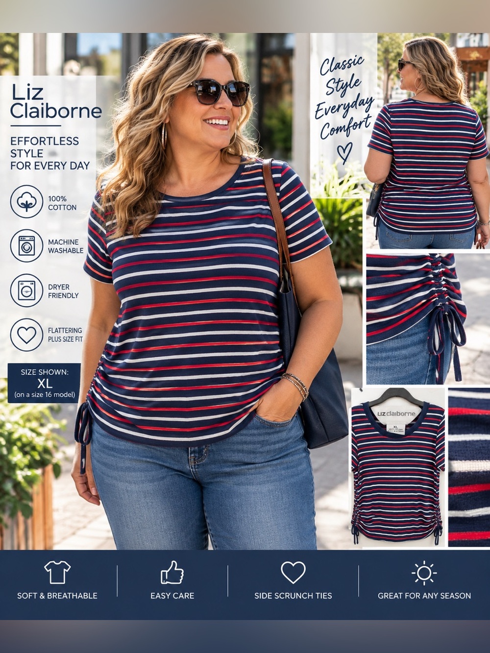 Liz Claiborne Navy, Red & White Striped Side-Scrunch Tee